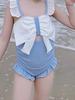 Traje de baño de una pieza azul y blanco con lazo para niñas, Traje de baño lindo de princesa con volantes para niños, Traje de baño para bebé para aguas termales