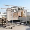 Arara de Chão de Metal para Roupas Casa Dobrável Espessada Aço Inoxidável Retrátil Móvel Varanda Varal de Secagem Grande Capacidade