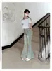 Jeans Acampanados de Cola de Pescado de Tiro Alto Lavados Retro Estilo Americano para Otoño con Dobladillo Crudo Elástico, Corte Delgado, Diseño Hot Girl