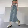 Falda Midi de Mezclilla Dividida con Borlas Vintage para Mujer Otoño 2024 Nueva Cintura Alta Ajustada Degradada Línea A