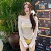 Linda Niña Dulce Estrella Blusa Semitransparente de Manga Larga Bikini de Tres Piezas Bikini Dividido Traje de Baño para Mujer