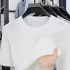 Verano Nuevo Moda Masculina Color Sólido Casual de Negocios Moderno Cuello Redondo Top Tencel Lino Estilo Old Money Camiseta de Manga Corta