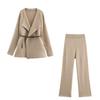 Ropa de Mujer al por Mayor Transfronteriza Estilo Europeo y Americano 2025 Otoño e Invierno Nuevo Traje de Chaqueta de Lana de Color Puro + Pantalones Rectos de Pierna Ancha