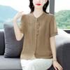Camisa Feminina de Verão 2025 Solta Cobrindo a Barriga Fina Emagrecimento Estilo Ocidental Manga Curta Camisa com Senso de Mãe para Mulheres