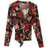 Camiseta de manga larga con protección solar, elegante, femenina, cuello en V, ajustada, ajustada a la cintura, con cordones, top de malla estampado
