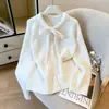 Moda Coreana Elegante Dulce Corbata de Lazo con Cordones Suéter Rosa de Punto Cardigan Top para Mujer Otoño/Invierno