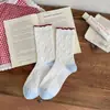 Calcetines con Volantes Bordados de Corazón Blanco para Mujer, Calcetines de Media Caña de Dibujos Animados para Primavera y Otoño, Calcetines Largos de Algodón Rayados Dulces y Juveniles para Estudiante