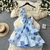Vestido Romântico Estilo Resort com Decote V e Estampa Floral para Mulheres, Vestido de Verão com Costas Abertas e Amarração, Linha A, Sexy e Elegante, Efeito Emagrecedor