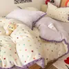Estilo INS estilo coreano menta estrella terciopelo de leche juego de cuatro piezas lindo pompón funda de edredón de terciopelo coral de doble cara sábana ropa de cama