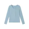 Camiseta Básica Henley de Lana de Oveja y Lyocell Tencel para Mujer, Manga Larga Otoño e Invierno con Botones de Nácar y Rayas de Acetato