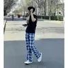 Pantalones de cuadros blancos y negros estilo americano, para hombre, de verano, finos y holgados, estilo boyfriend, casuales, de pierna recta, ligeramente acampanados, pantalones largos deportivos