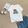 Camisa con Tacto a Lino para Mujer, Camisa Delgada Holgada Estilo Coreano, Top Versátil de Algodón con Estampado de Gato, Manga Corta, Rejuvenecedor, Cuello Redondo