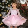 Vestido infantil estilo europeu e americano, design de floco de neve, vestido princesa de tule de manga longa, vestido rodado rosa degradê, vestido para apresentação de Natal e aniversário