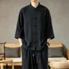 2026 Estilo Nuevo Camisa de Manga Tres Cuartos para Hombre Estilo Chino Color Sólido Imitación Lino Cuello Alto Traje Tang Camisa Casual para Hombre