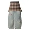 Calça Jeans Vintage com Aba Xadrez Destacável Scimitar para Homens e Mulheres, Estilo de Rua Outono, Larga Lavada Desgastada Reta de Perna Larga