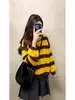 Suéter con Bloques de Color Rayas Marrón Melanoidio Amarillo para Mujer Otoño Invierno Estilo Coreano Holgado Estilo Perezoso Parte Superior Capa Interior Ropa Exterior Tejido