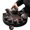 Juego Completo de Tetera de Arcilla Púrpura Kung Fu con Tetera, Gaiwan, Tazas de Té, Porcelana Oro Negro, Bandeja de Té de Doble Propósito, Juego Pequeño para Uso en Casa