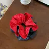 Elástico de Cabelo em Tecido Jeans com Cerejas para Meninas, Scrunchie Doce com Bolinhas Vermelhas, Faixa de Cabelo Quadrada Plissada