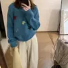 Senso de Design Flor Bordada Tridimensional Mangas Raglan Relaxadas Slimming Solto Versátil Gola Redonda Manga Longa Suéter de Malha Suéter Feminino