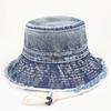 Sombrero de Pescador de Mezclilla con Borde Crudo Lavado para Mujer, Sombrero de Cubo Retro Versátil con Letras de Ala Ancha a Prueba de Viento, Sombrero de Moda para Protección Solar