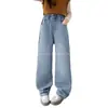 Jeans con Forro de Felpa para Niñas 2026 Nuevas Llegadas de Invierno Bordado de Corazón Pantalones de Pierna Ancha Pantalones Largos Cálidos de Felpa de Una Pieza para Niños Medianos y Grandes