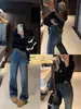 Liquidación, Sin Devoluciones ni Cambios. Jeans Rectos Estrechos de Color Bloqueado con Costuras de Textura de Lujo para Otoño e Invierno para Mujer 38721