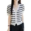 Nueva Moda Verano 2025 Elegante y Versátil Moderna Camiseta Delgada con Colores Contrastantes, Jersey Adelgazante de Manga Corta Holgada
