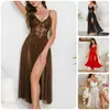 Bata de encaje con decoración de perlas más vendida de Amazon, malla transparente con abertura, vestido casero sexy de longitud larga para mujer 898