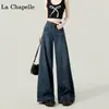 Jeans de pierna ancha de cintura alta para mujer, estilo fino de verano, petite, casual, holgados, pantalones rectos azul oscuro