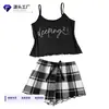 Pantalones de Pijama con Tirantes a Cuadros Transfronterizos Europeos y Americanos para Mujer, Shorts con Tirantes sin Espalda Transpirables para Mujer, Ropa de Casa Casual Linda al por Mayor