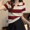 2023 Nuevo Verano Estilo Coreano Versátil Cuello a Rayas Contrastantes Corte Holgado Adelgazante Estilo Occidental Prendas de Punto Tops de Manga Corta para Mujer