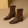 Botas Afuniladas Elásticas Patchwork Outono/Inverno Novo Estilo Botas de Salto Alto Francesas Salto Bloco Bico Quadrado Zíper Traseiro Botas de Cano Curto Botas Martin Mulheres