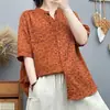 Camisa de Algodón Puro Floral con Cuello en V Holgada Talla Grande Estilo Japonés Mori para Mujer Verano de Manga Corta Casual Cruzada