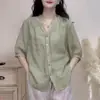 # 705 Camisa Delgada de Algodón y Lino de Verano Vintage para Mujer, Blusa Holgada de Cuello en V, Chaqueta Casual, Gris