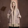 Capa de Mujer con Cuello Grande de Piel y Lentejuelas, Cardigan Grueso con Forro de Polar para Otoño e Invierno con Borlas y Capucha