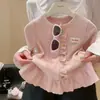 2026 Novo Estilo Camisa Básica de Manga Longa Canelada Estilo Coreano para Meninas, Cardigã Elegante de Gola Redonda, Top de Moda Infantil