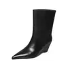 Botas de Cuña de Piel de Vaca de Media Caña para Mujer, Nuevas Botas de Piel Genuina para Otoño e Invierno con Punta y Tacón Alto, Botas de Media Caña de Estilo Europeo y Americano para Mujer