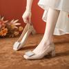 Fivela quadrada de strass, salto grosso, sapatos franceses de camada única, design feminino, senso de nicho, primavera e outono, salto alto profissional de veludo marrom, cabeça quadrada