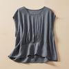 Verão Plissado Algodão Linho Casual Nova Camisa de Manga Curta Retro Solta Camisa Pequena Cor Sólida Emagrecimento Pullover Top para Mulheres