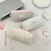 69101 Estojo Acolchoado de Bolinhas Estilo Coreano Acabamento em Renda Laço Bolsa de Papelaria para Estudante Grande Capacidade Armazenamento de Lápis