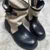 Botas de Moda con Tacón Grueso y Patchwork de Cuero y Tela para Mujer, Otoño 2026 Nuevas Botas Cortas Arrugadas Estilo Británico Vintage, Botas de Montar a Media Pantorrilla