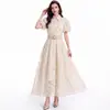 Vestido de renda requintado, best-seller de moda feminina transfronteiriça, vestido longo de verão com gola, mangas curtas bufantes, cintura marcada com bordado de lantejoulas para mulheres