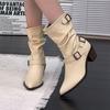 Botines Blancos de Tacón Alto Estilizados de Estilo Coreano para Mujer, Botas de Punta Versátiles para Otoño e Invierno, Impresionantes Botines Gruesos hasta la Mitad de la Pantorrilla