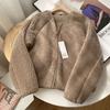 Jaqueta Curta de Lã de Cordeiro com Zíper e Gola V, Nova para Outono e Inverno, Quente, Casual, Moda, Cardigan Feminino