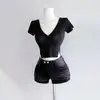 2025 Nuevo Verano Estilo Coreano Sencillo Coreano Puro Lust Caliente Chica Sexy Cuello en V Manga Corta Camiseta Mujeres Look Adelgazante