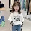 G2350 # Camiseta Infantil de Algodão Puro Manga Longa 2025 Nova Versátil Roupa para Meninas Falsa Peça Dupla Camiseta Base Listrada