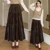 Nova Saia Longa Estampada de Veludo com Bolinhas Estilo Francês Outono/Inverno para Mulheres, Cintura Elástica, Patchwork em Camadas