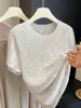 Camiseta de Manga Corta de Punto de Seda Helada con Pedrería de Industria Pesada para Mujer, Nuevo Diseño Hueco de Verano, Top de Temperamento Francés de Alta Clase