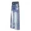 Diseño deconstruido retro americano, jeans de doble cintura, unisex, nueva colección de otoño, lavados, corte holgado, pierna ancha, pantalones largos