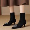 Tacones de Gatito Sexy ~ Botines Elásticos Ajustados Otoño 2025 Tela Elástica Botines Nude Franceses Punta Fina Botines Cortos con Pedrería